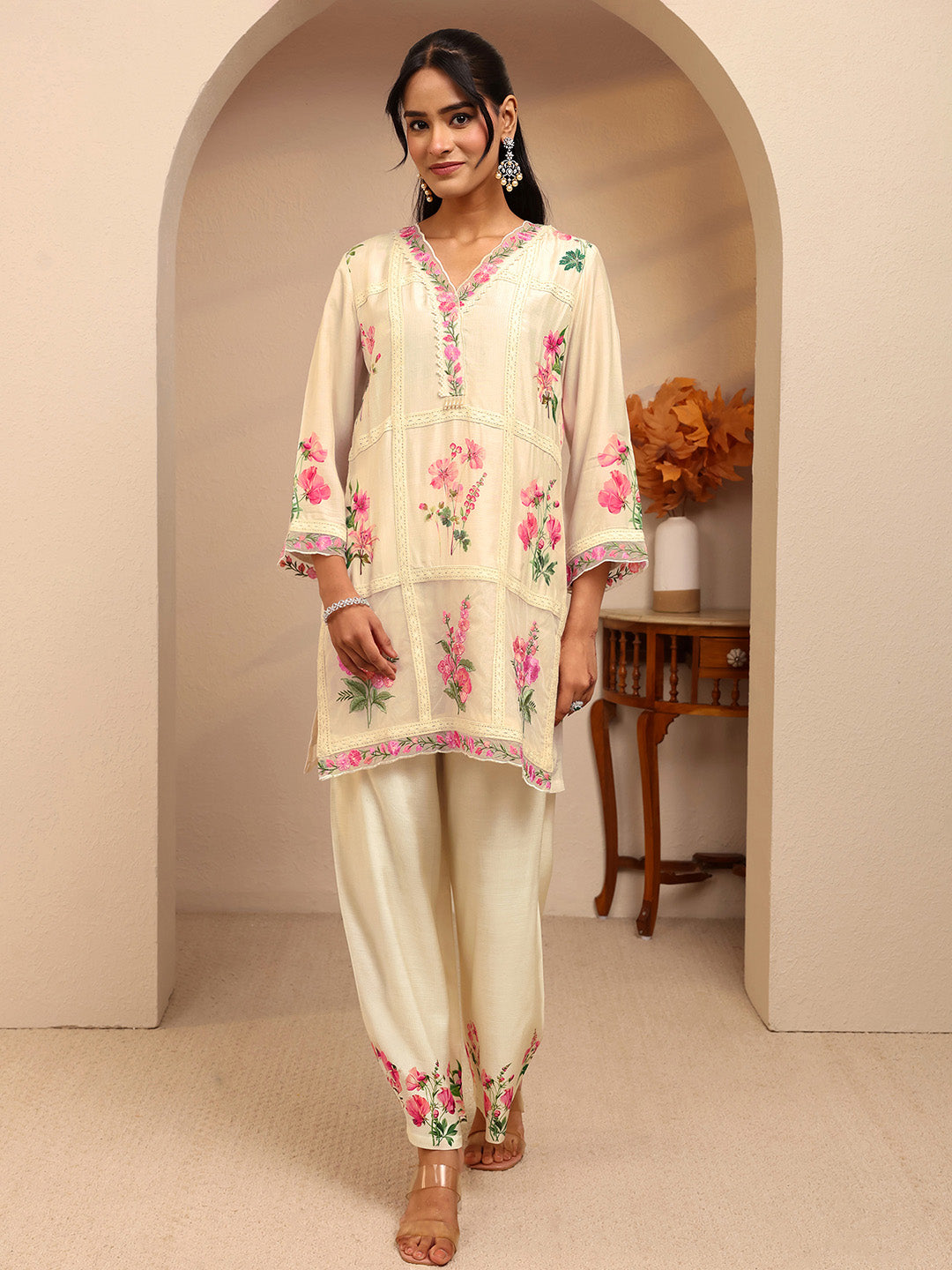 Off White Floral Printed Silk Blend A-line Kurta Set