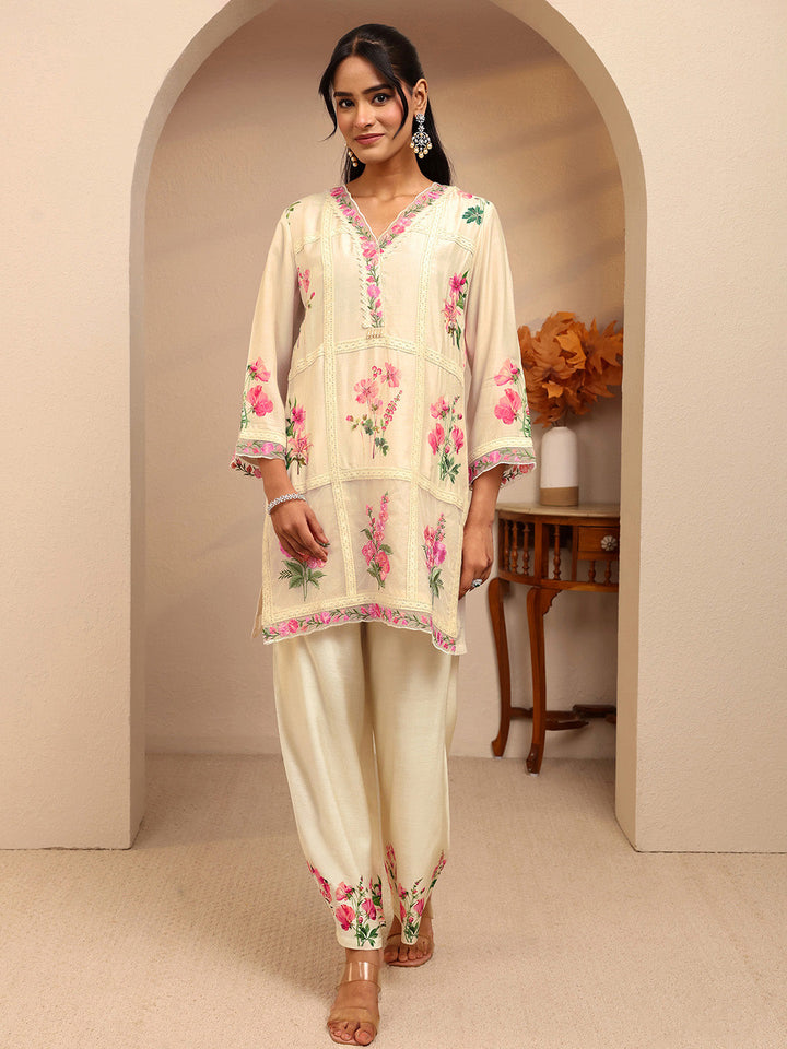 Libas Off White Floral Printed Silk Blend Straight Suit Set