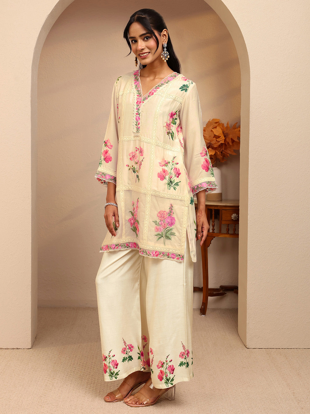 Libas Off White Floral Printed Silk Blend Straight Suit Set