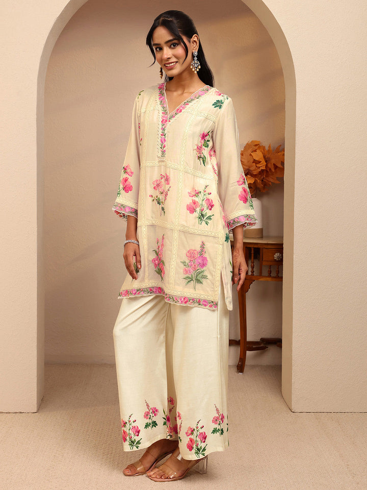 Libas Off White Floral Printed Silk Blend Straight Suit Set