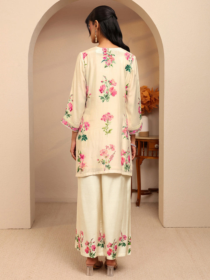 Libas Off White Floral Printed Silk Blend Straight Suit Set