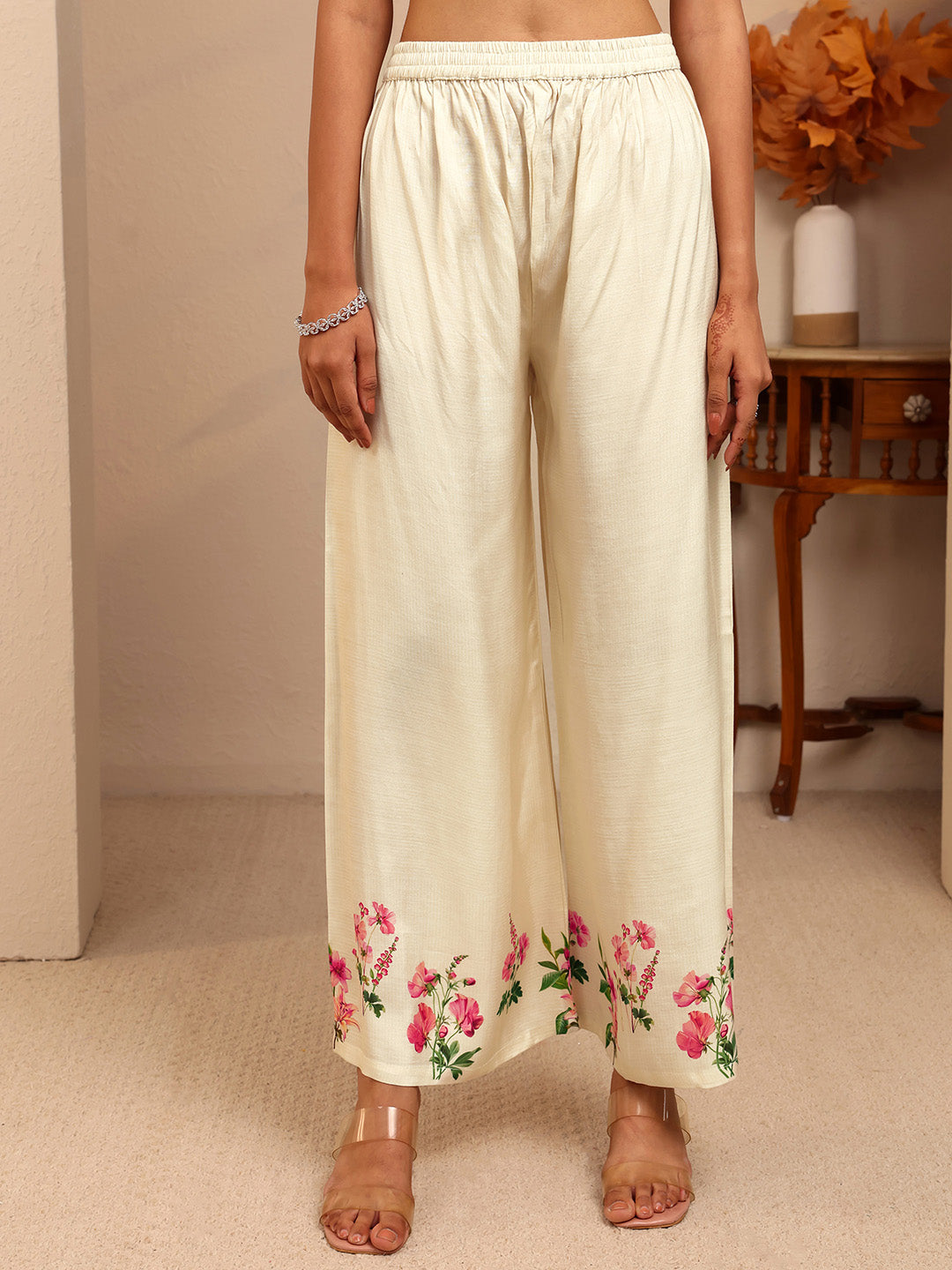 Libas Off White Floral Printed Silk Blend Straight Suit Set
