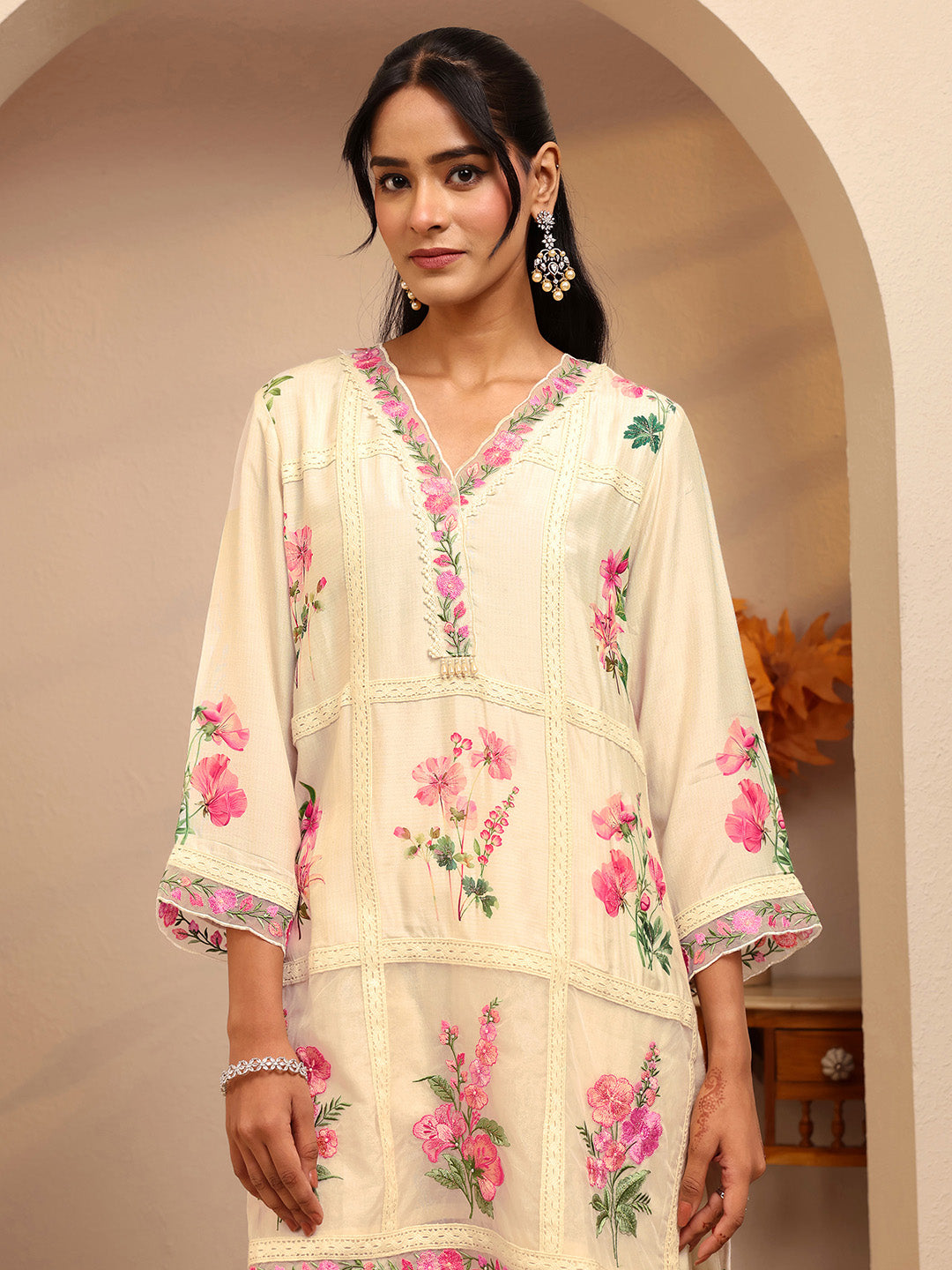 Libas Off White Floral Printed Silk Blend Straight Suit Set