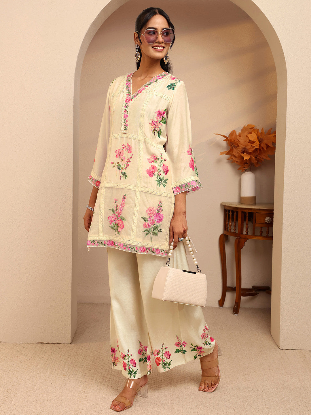 Libas Off White Floral Printed Silk Blend Straight Suit Set