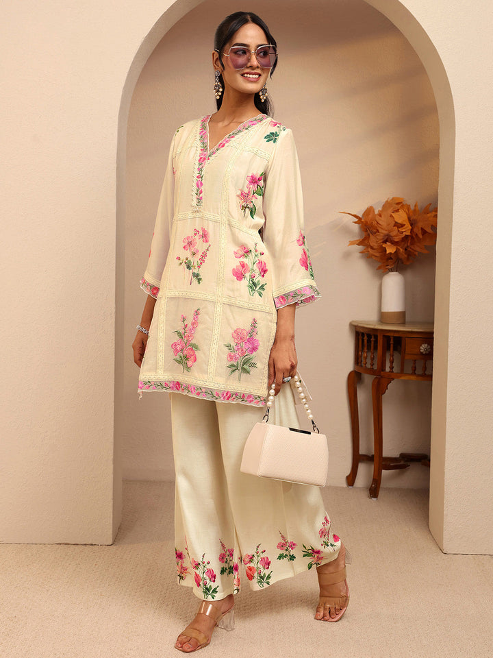Libas Off White Floral Printed Silk Blend Straight Suit Set
