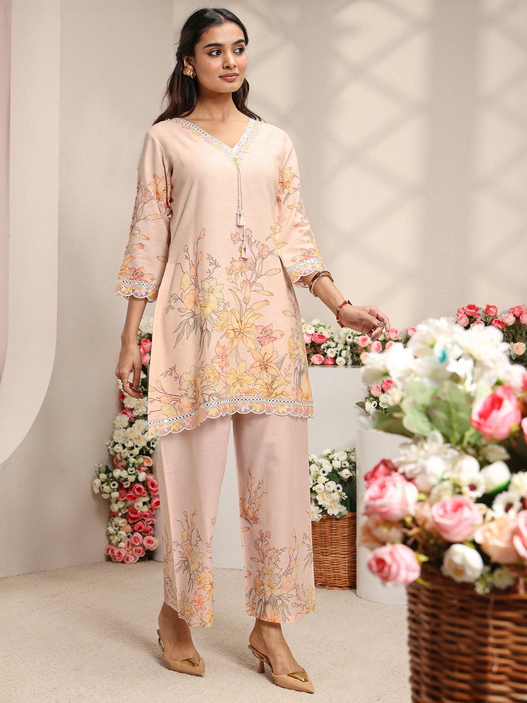 Peach Floral Printed Linen A-Line Kurta Set