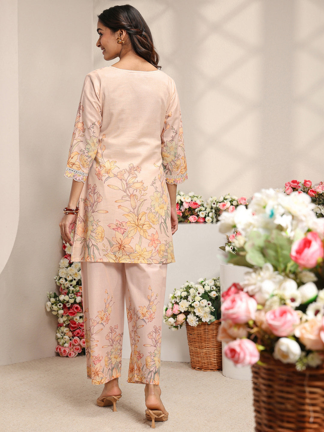 Peach Floral Printed Linen A-Line Kurta Set