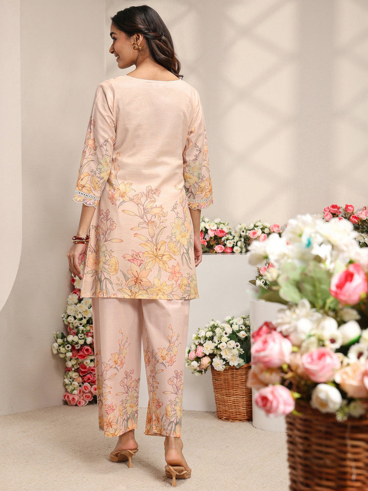 Peach Floral Printed Linen A-Line Kurta Set
