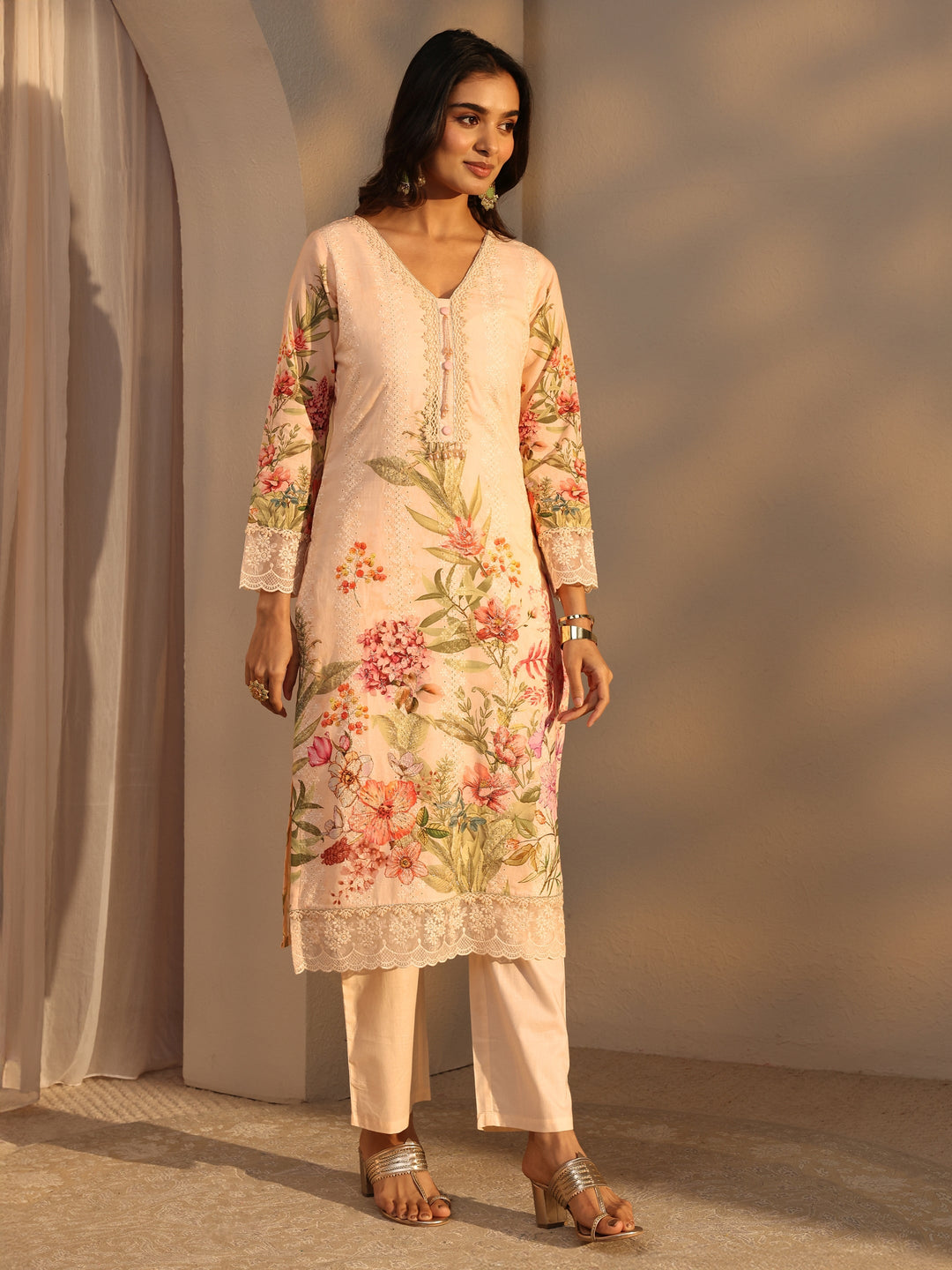 Peach Floral Printed Cotton Straight Suits Set With Dupatta