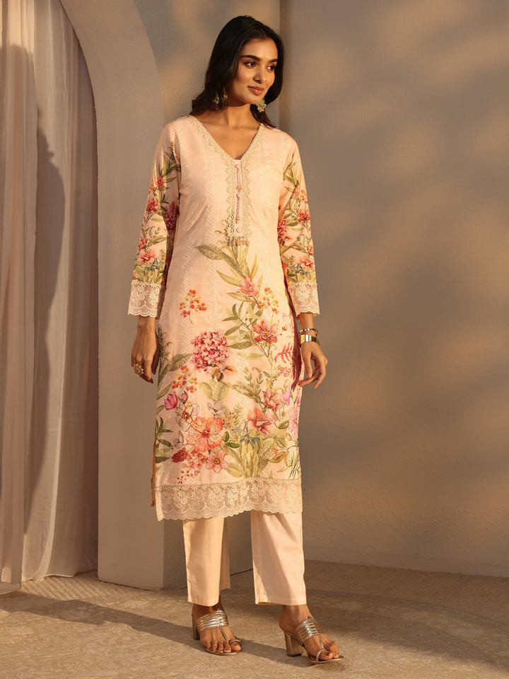 Peach Floral Printed Cotton Straight Suits Set With Dupatta