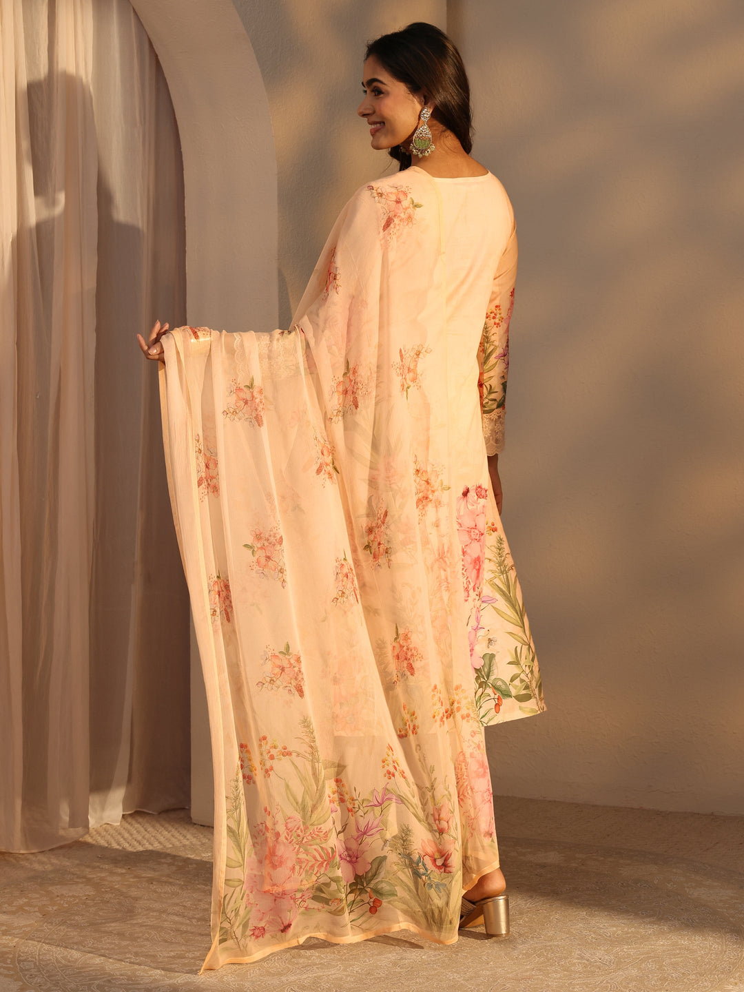 Peach Floral Printed Cotton Straight Suits Set With Dupatta