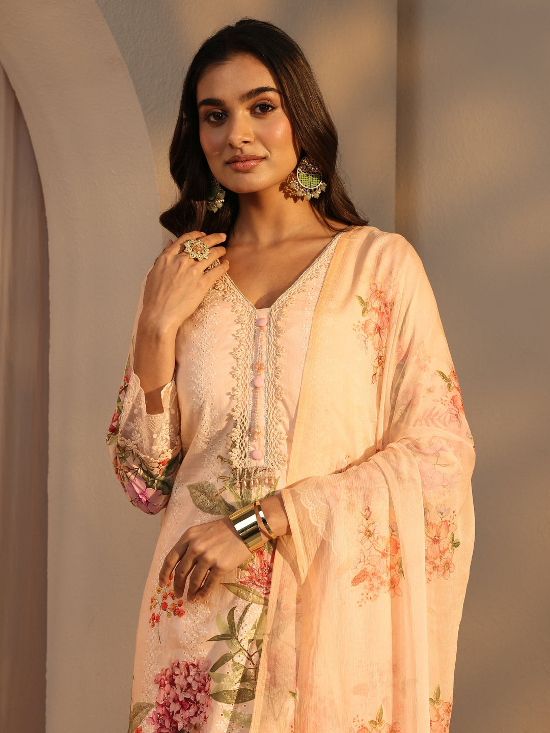 Peach Floral Printed Cotton Straight Suits Set With Dupatta