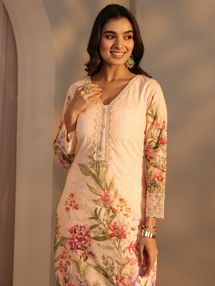 Peach Floral Printed Cotton Straight Suits Set With Dupatta