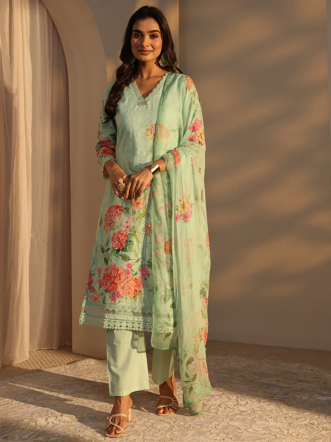 Green Floral Printed Cotton Straight Suits Set With Dupatta