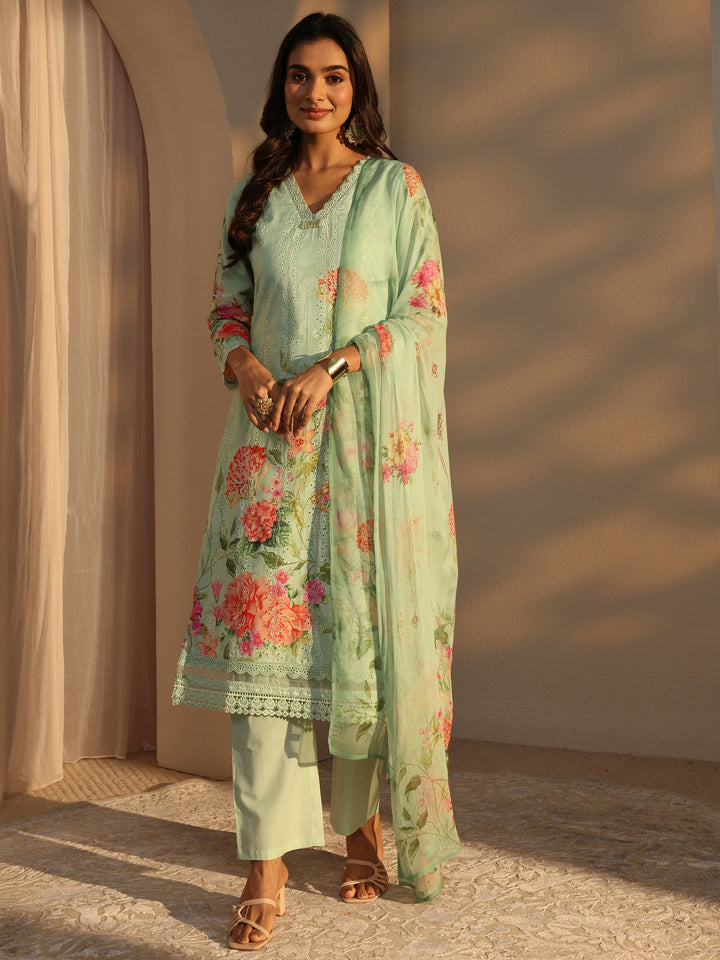 Green Floral Printed Cotton Straight Suits Set With Dupatta