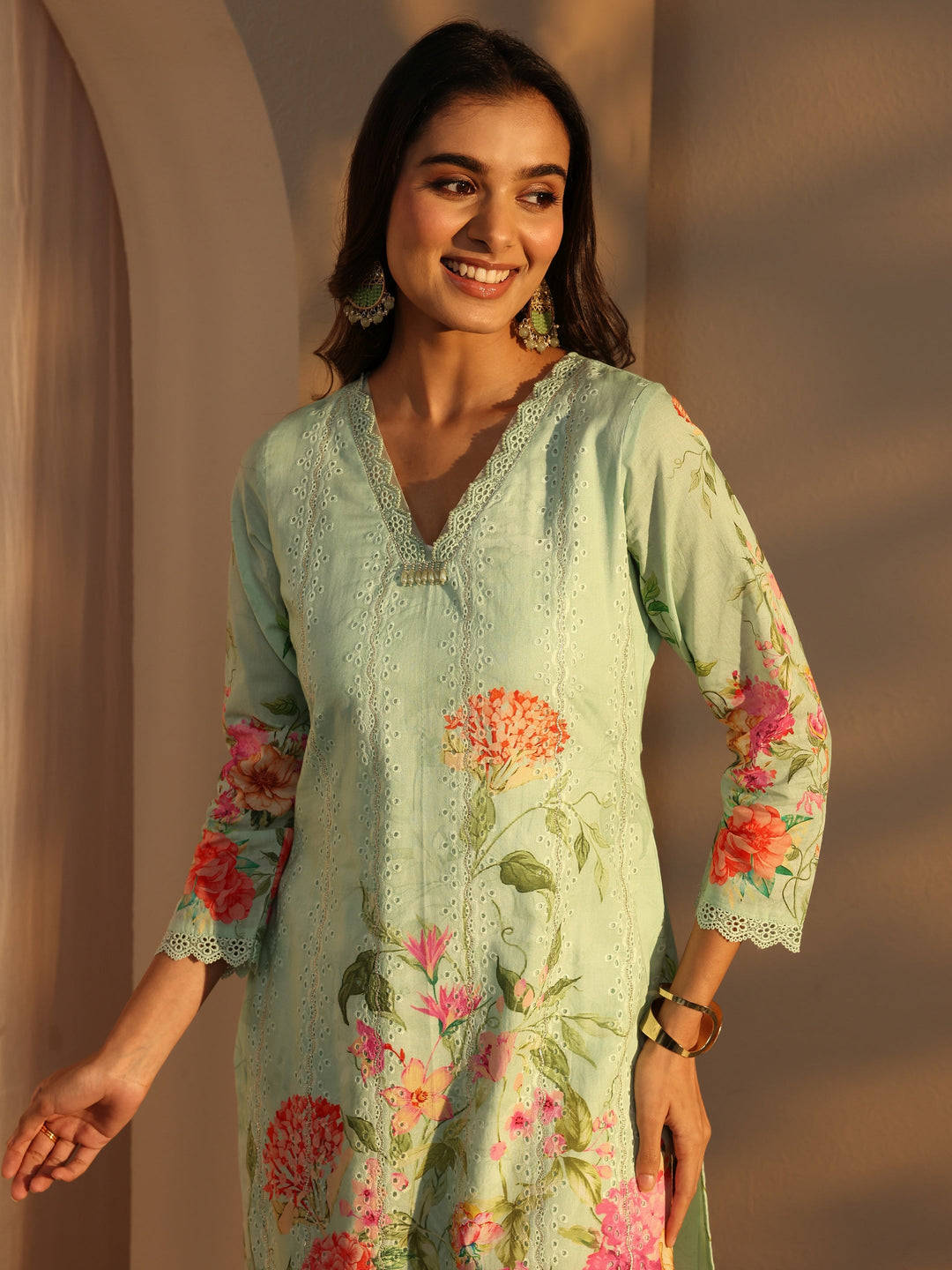Green Floral Printed Cotton Straight Suits Set With Dupatta