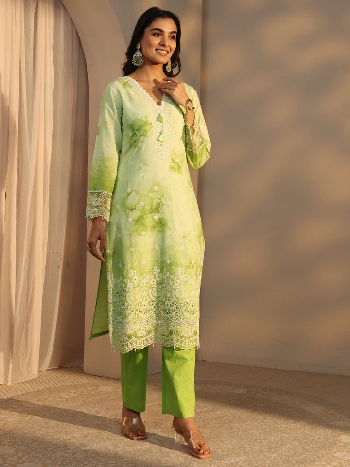Green Floral Printed Cotton Straight Suits Set With Dupatta