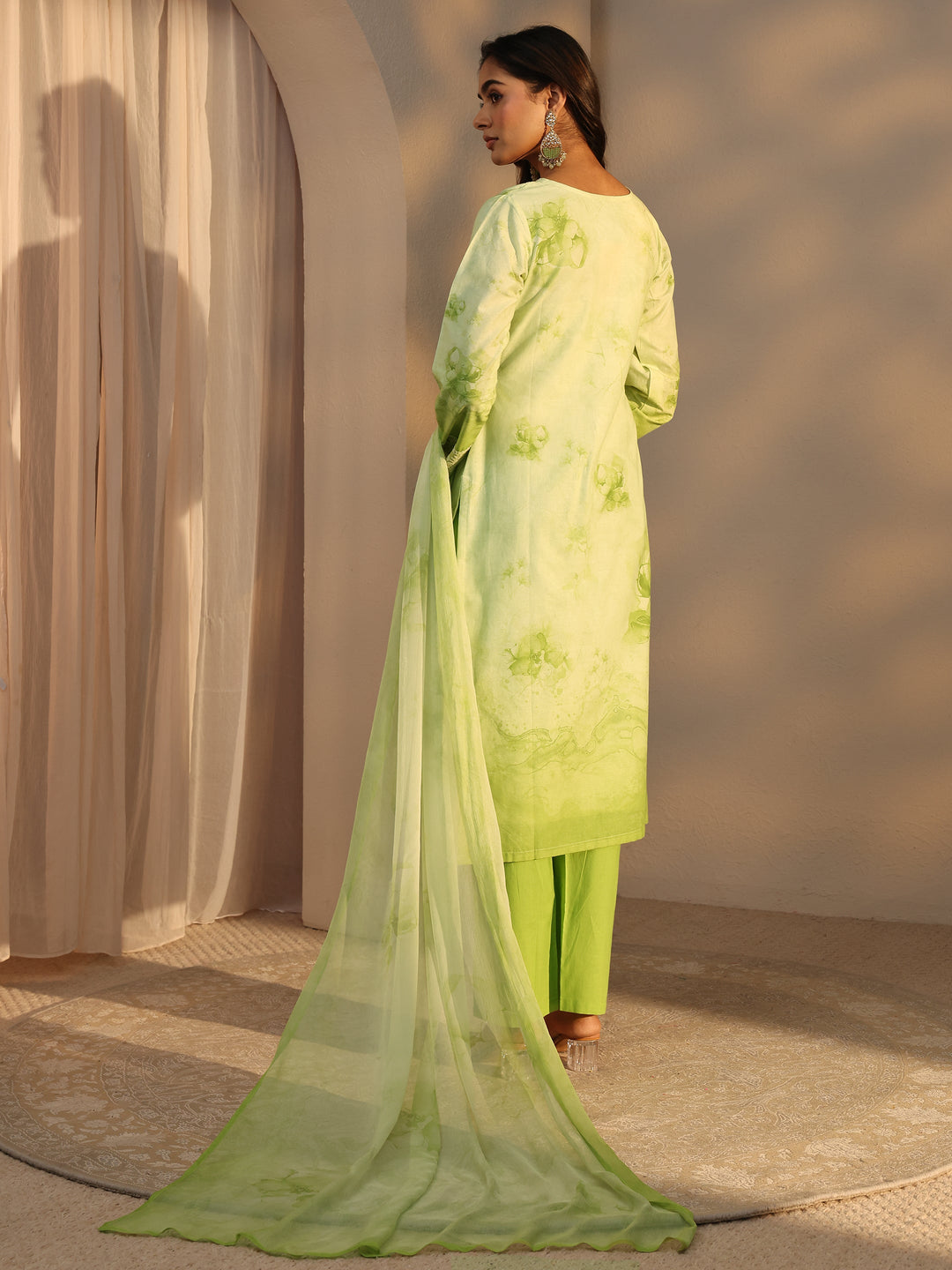 Green Floral Printed Cotton Straight Suits Set With Dupatta