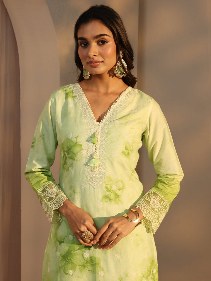 Green Floral Printed Cotton Straight Suits Set With Dupatta