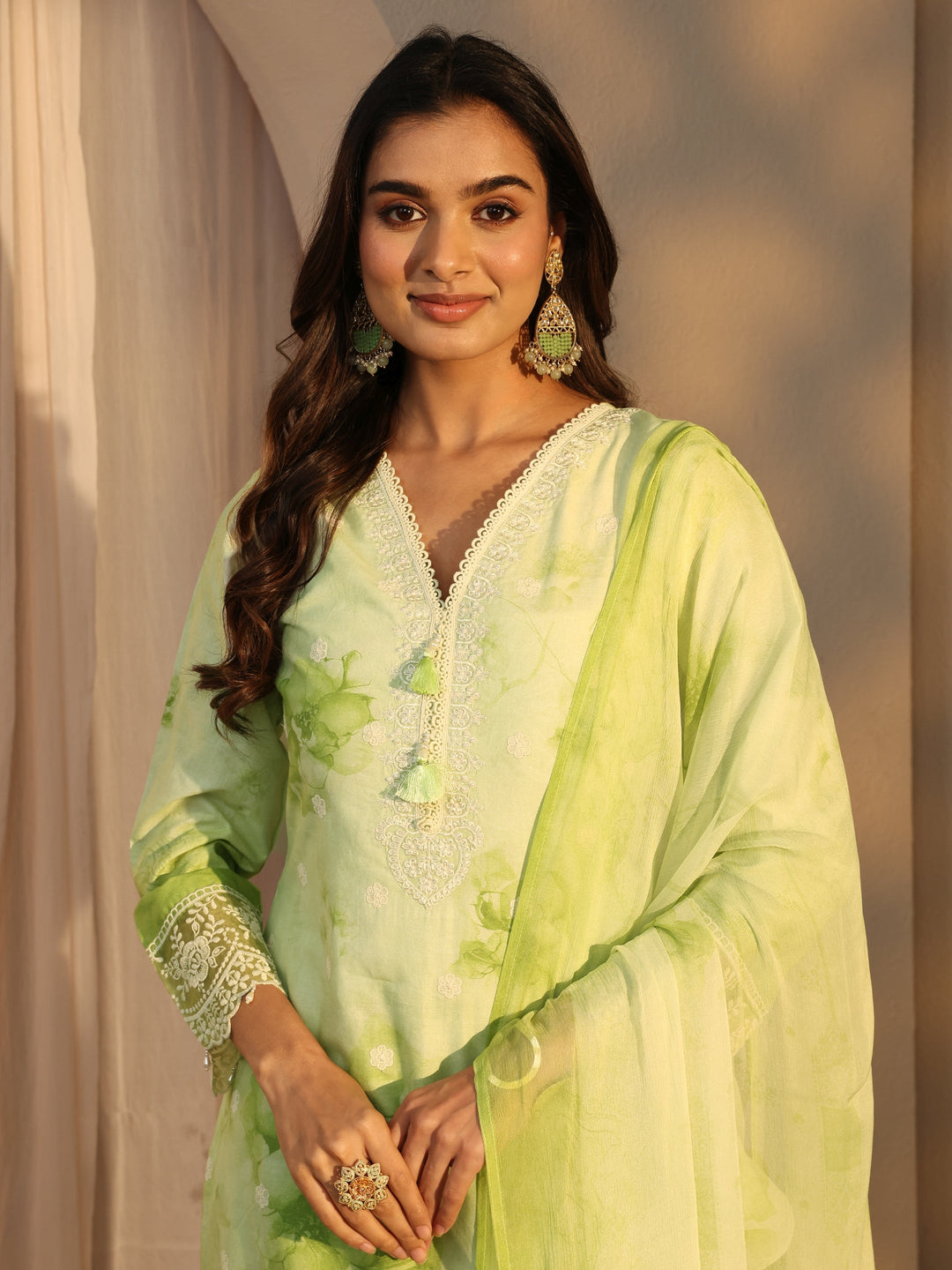 Green Floral Printed Cotton Straight Suits Set With Dupatta