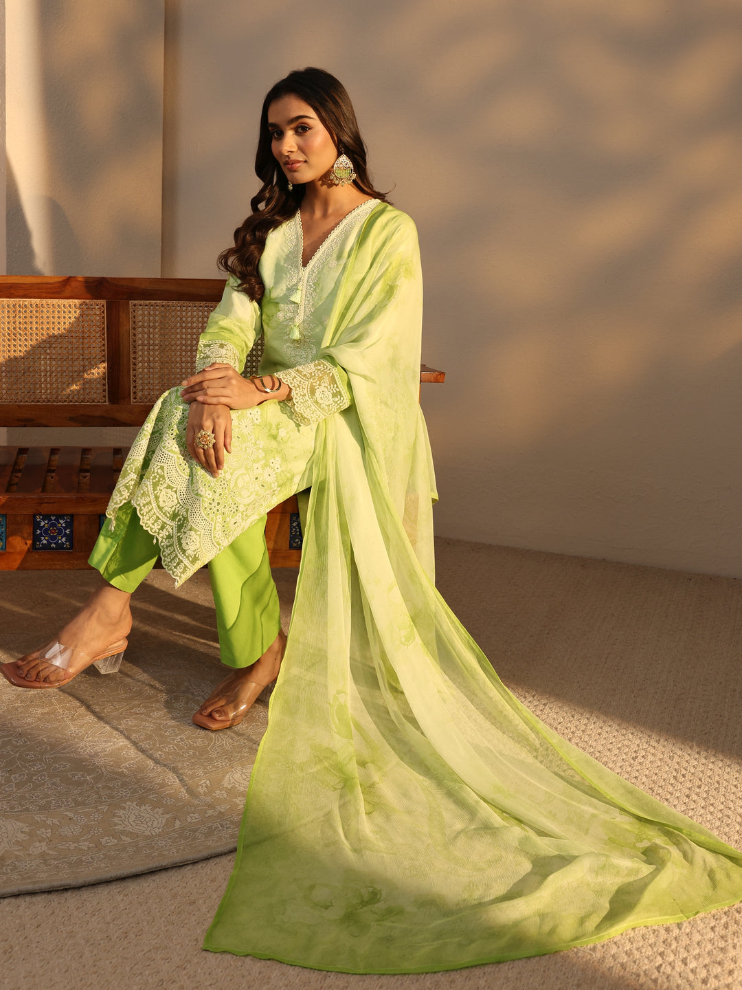 Green Floral Printed Cotton Straight Suits Set With Dupatta