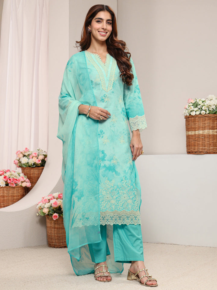 Blue Floral Printed Cotton Straight Suit Set with Dupatta