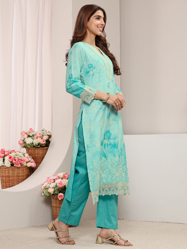 Blue Floral Printed Cotton Straight Suit Set with Dupatta