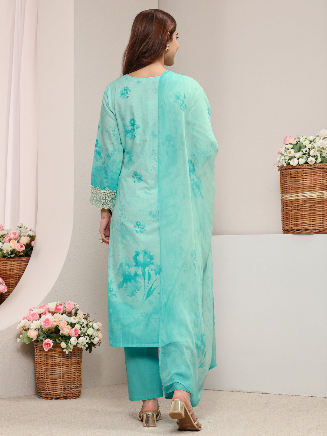 Blue Floral Printed Cotton Straight Suit Set with Dupatta