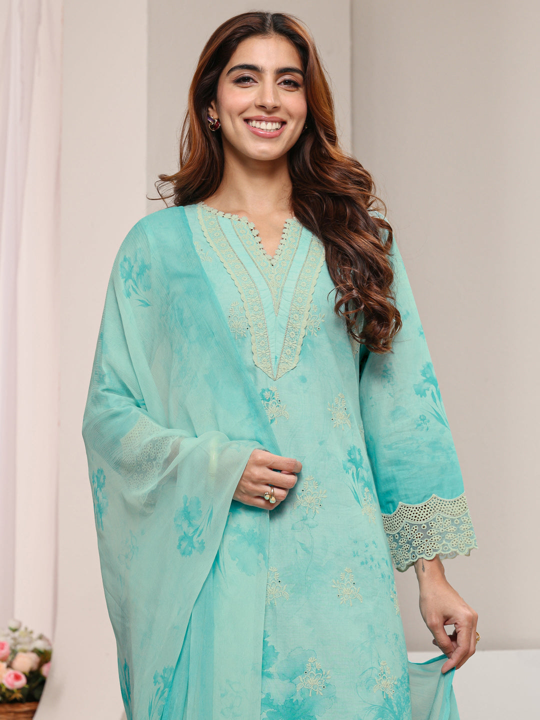 Blue Floral Printed Cotton Straight Suit Set with Dupatta