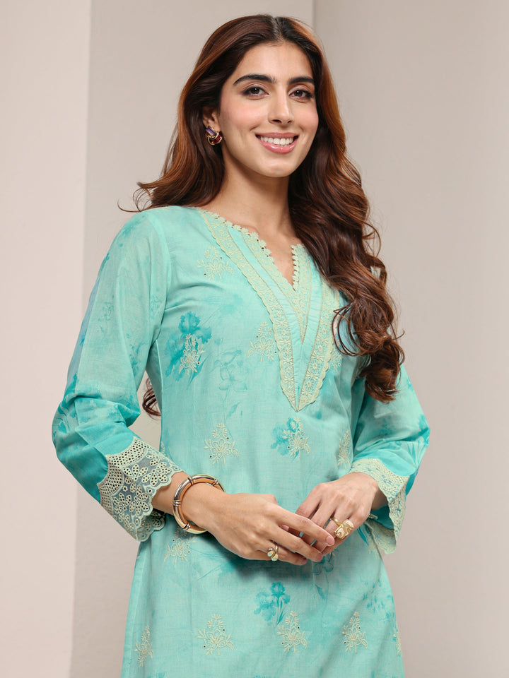 Blue Floral Printed Cotton Straight Suit Set with Dupatta