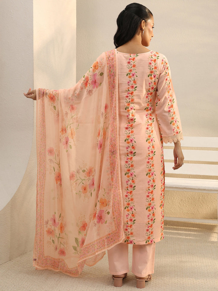 Peach Floral Printed Cotton Straight Suit Set