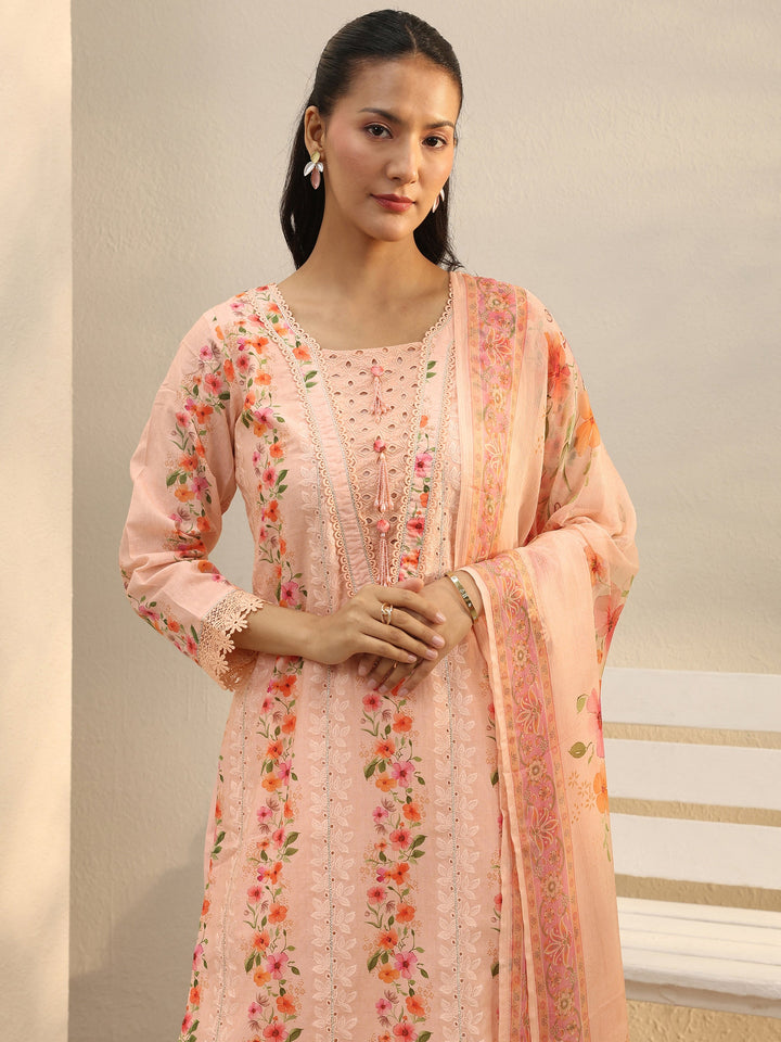 Peach Floral Printed Cotton Straight Suit Set