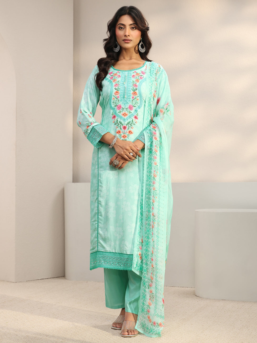 Blue Floral Embroidered Silk Blend Straight Suit Set With Dupatta