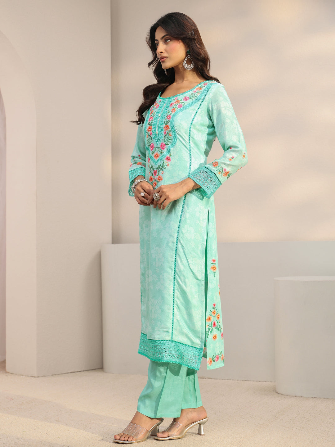 Blue Floral Embroidered Silk Blend Straight Suit Set With Dupatta