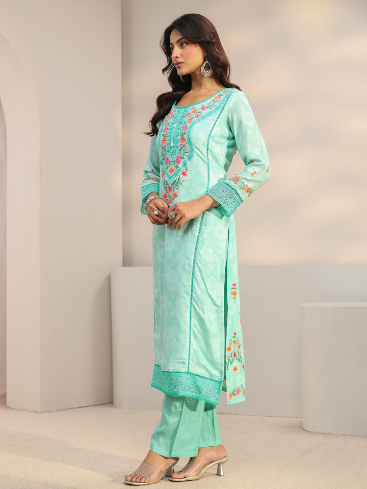 Blue Floral Embroidered Silk Blend Straight Suit Set With Dupatta