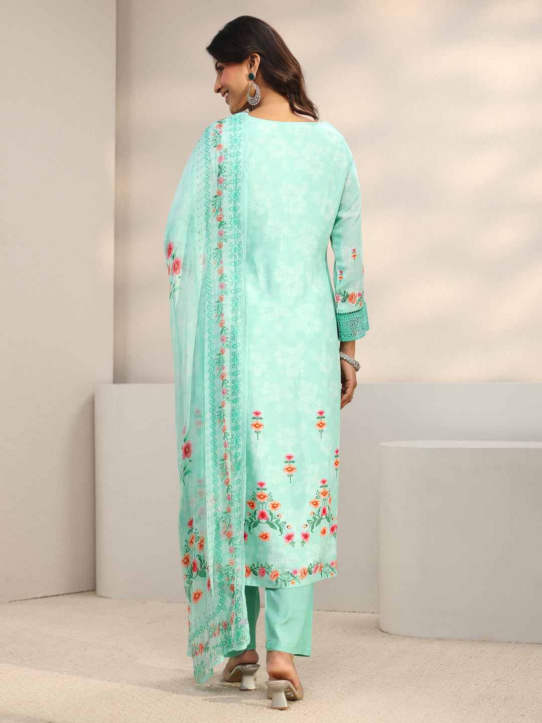 Blue Floral Embroidered Silk Blend Straight Suit Set With Dupatta