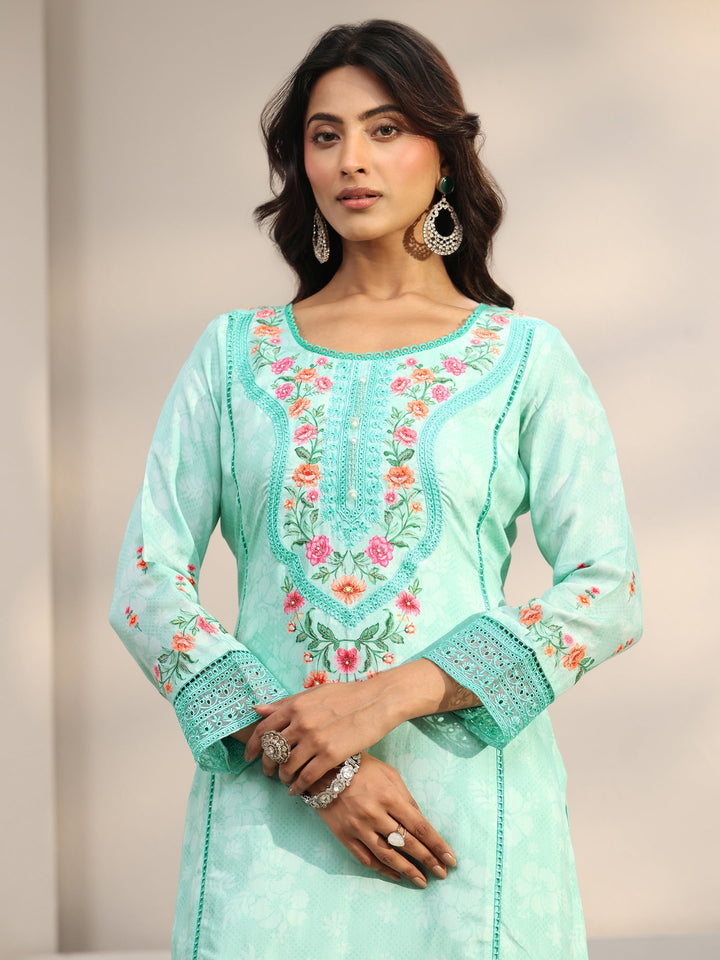 Blue Floral Embroidered Silk Blend Straight Suit Set With Dupatta