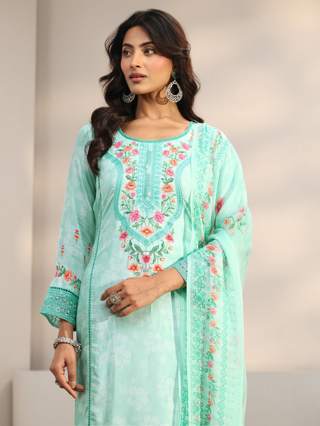 Blue Floral Embroidered Silk Blend Straight Suit Set With Dupatta