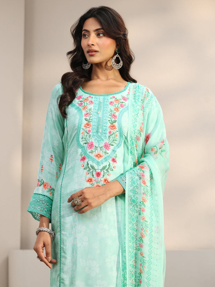 Blue Floral Embroidered Silk Blend Straight Suit Set With Dupatta
