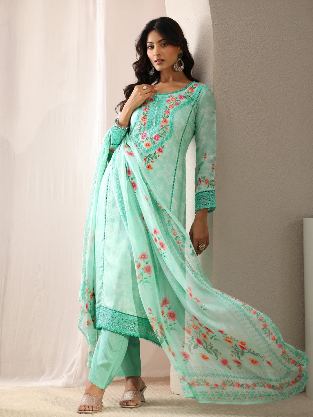 Blue Floral Embroidered Silk Blend Straight Suit Set With Dupatta