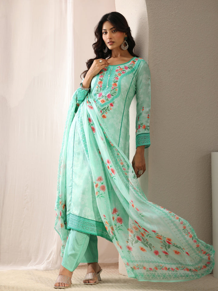 Blue Floral Embroidered Silk Blend Straight Suit Set With Dupatta