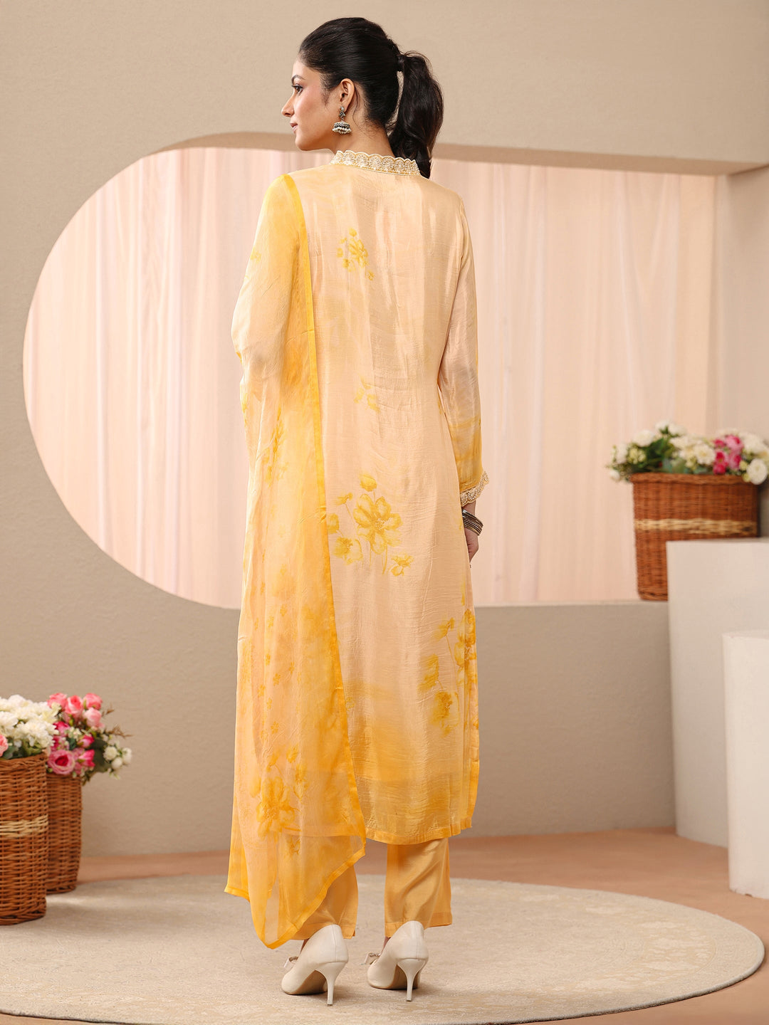 Yellow Floral Printed Silk Blend Straight Suit Set