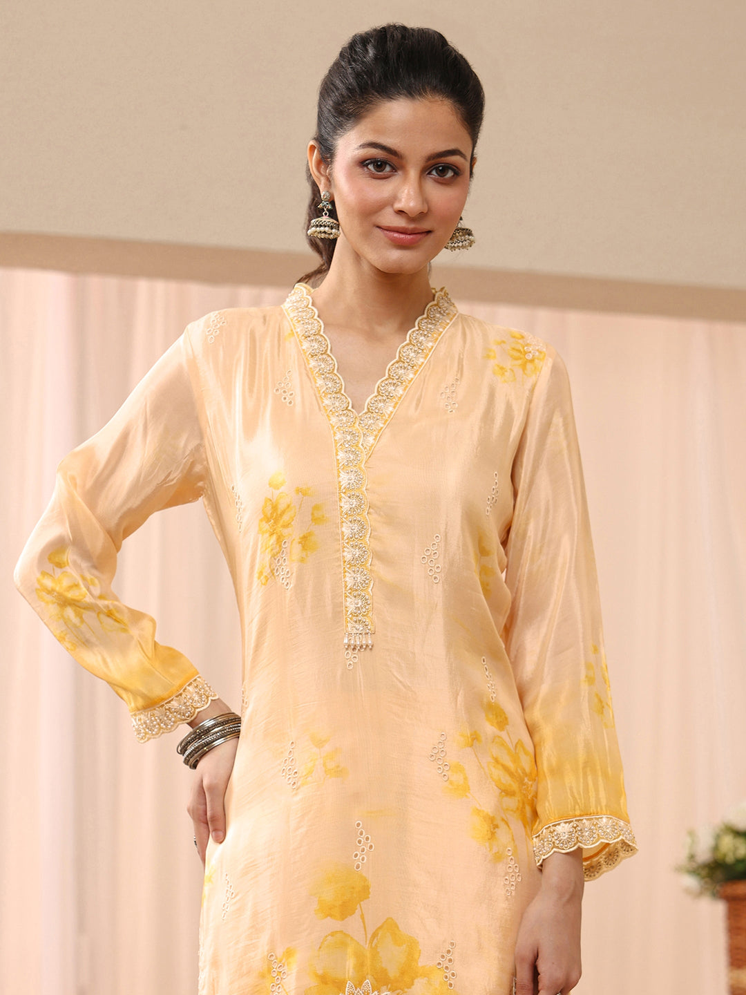Yellow Floral Printed Silk Blend Straight Suit Set
