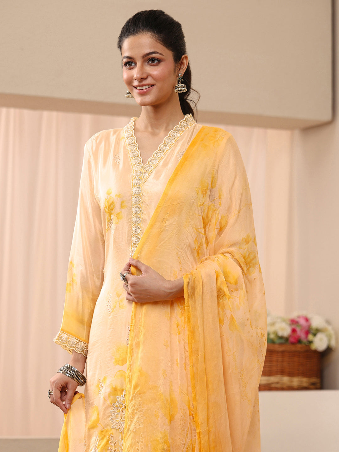 Yellow Floral Printed Silk Blend Straight Suit Set
