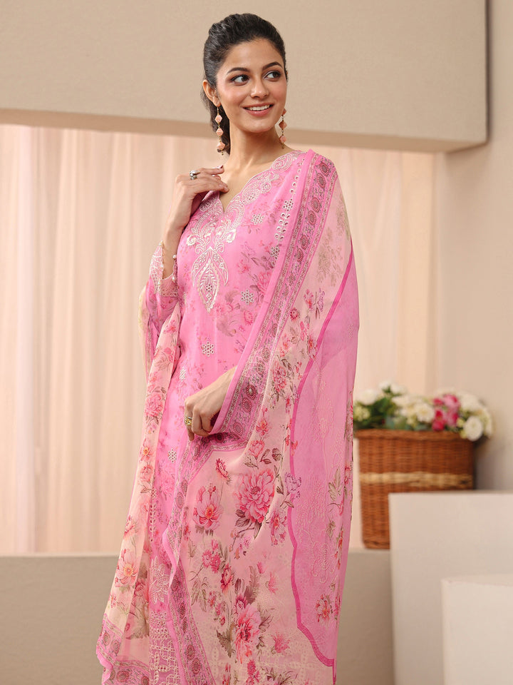 Pink Floral Printed Silk Blend Straight Suit Set