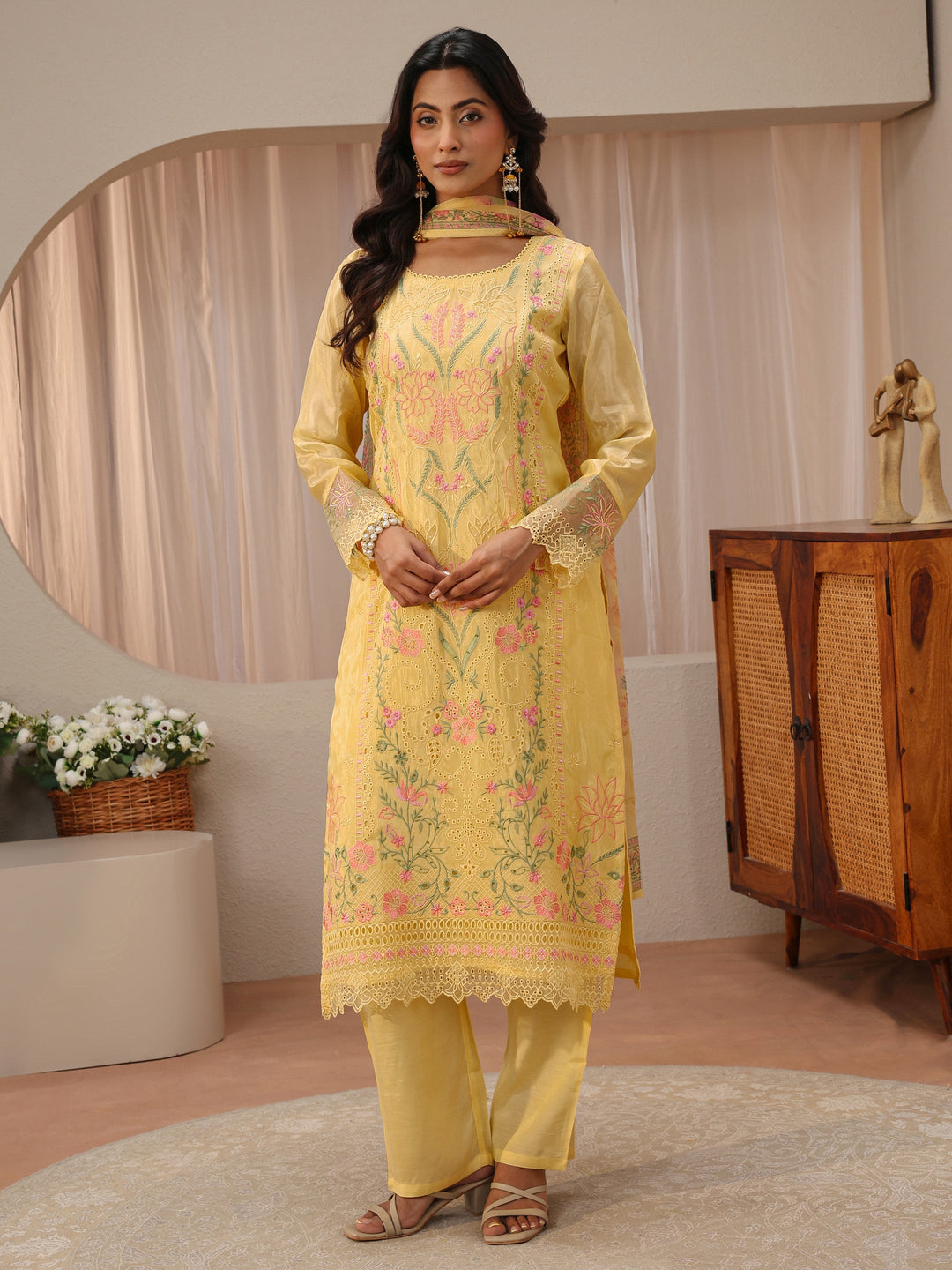 Libas Art Yellow Floral Embroidered Silk Blend Straight Suit Set
