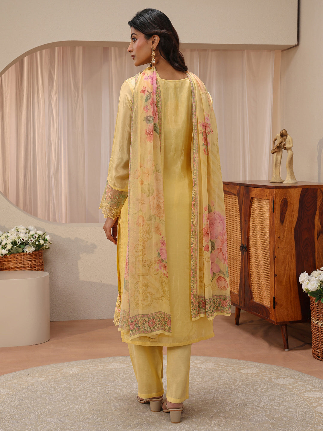 Libas Art Yellow Floral Embroidered Silk Blend Straight Suit Set