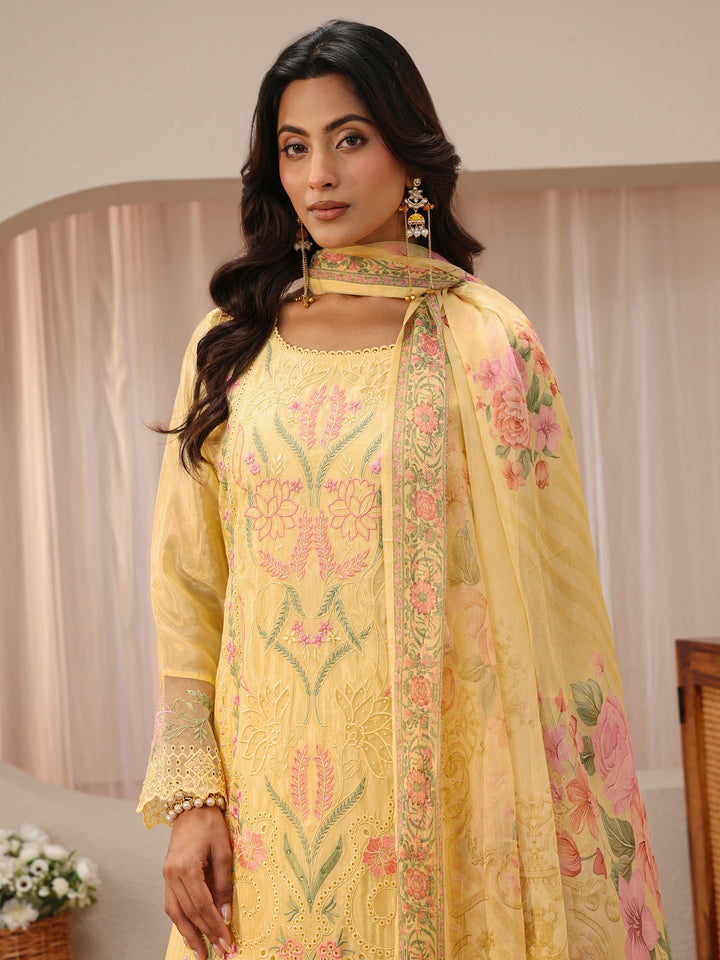 Libas Art Yellow Floral Embroidered Silk Blend Straight Suit Set