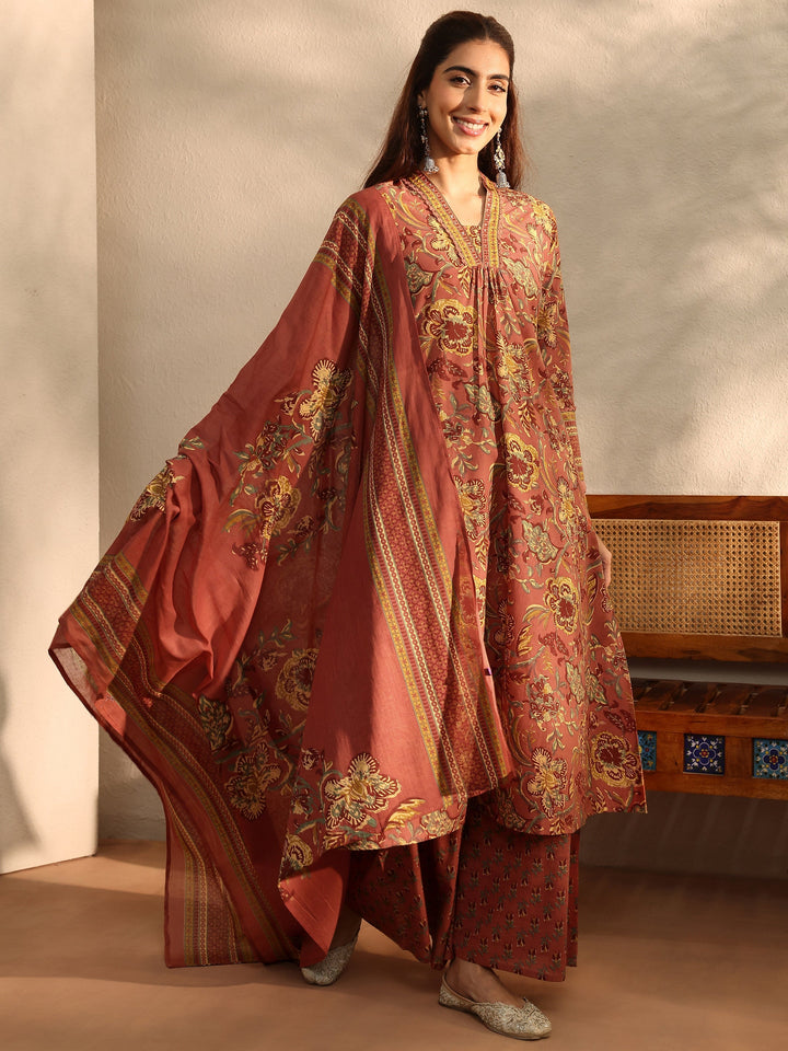 Coral Floral Printed Cotton Blend A-Line Suit Set With Dupatta