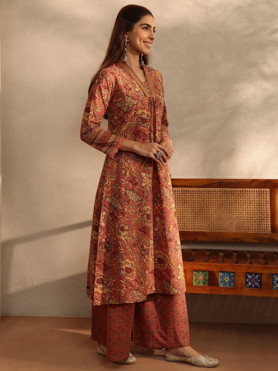 Coral Floral Printed Cotton Blend A-Line Suit Set With Dupatta